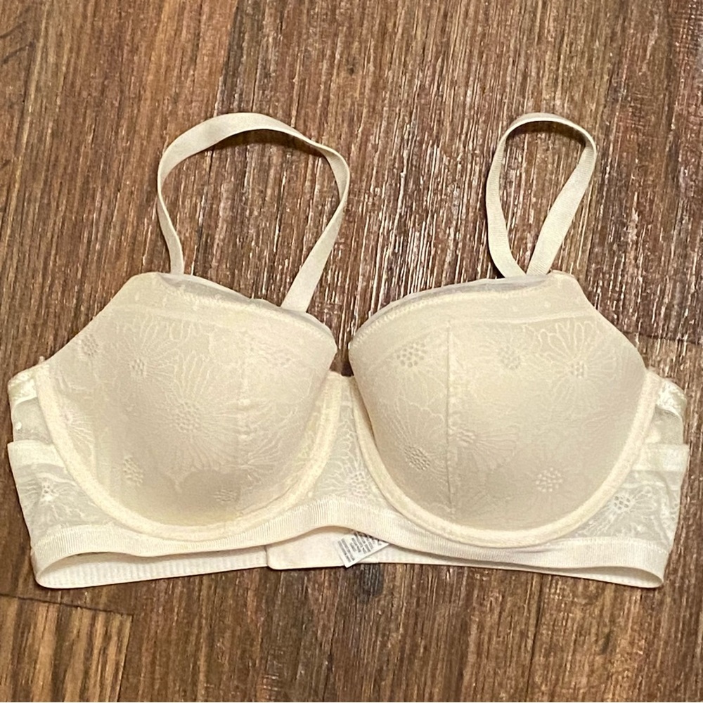 Aerie Womens Balconette Bra 36C Ivory  Floral Mesh Pattern Overlay Underwire